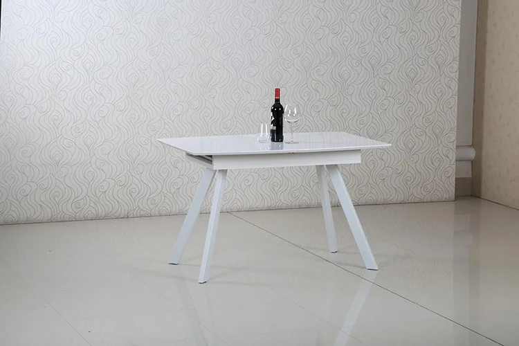 Modern mdf furniture white high gloss extendable expandable adjusted luxury wooden dining table with metal stand\t