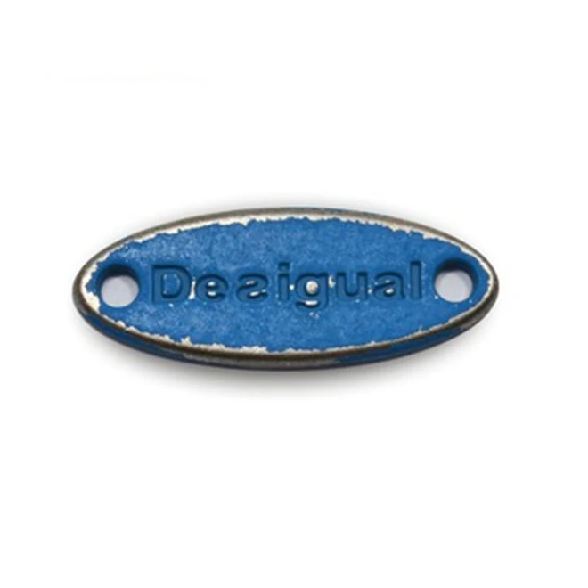 

2-hole sewing Custom Logo Printed oval shape Metal Label for clothes, Customized