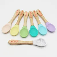 

Custom LOGO Food Grade Silicone Baby Feeding Spoon With Beech Wooden Handle