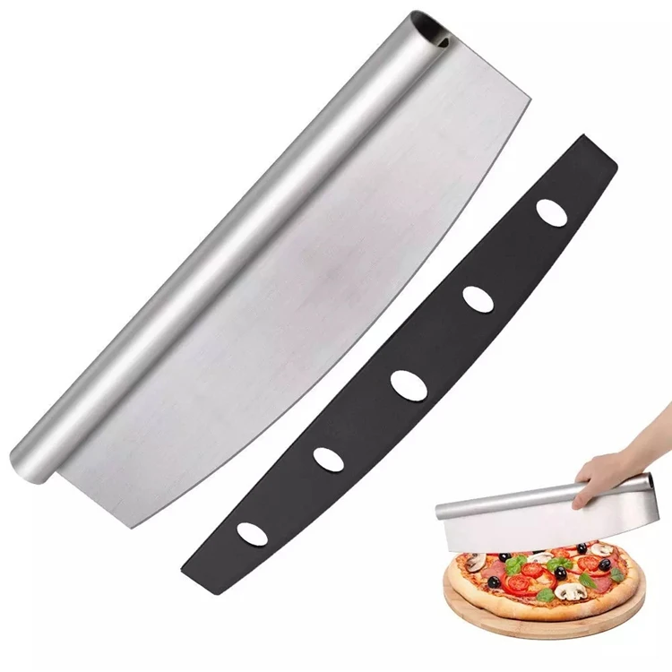 

High Quality Heavy Duty Stainless Steel Sharp Slicer Blade Pizza Rocker Cutter Knife With Protective Cover