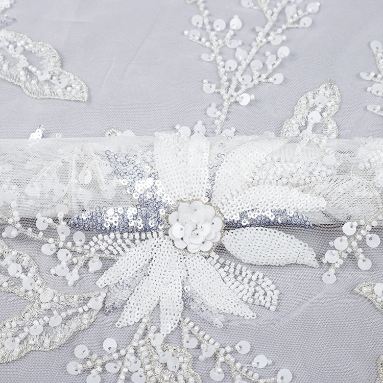 

MX696 White Tulle Mesh Heavy Beaded Embroidery Fabric Lace Sequin for Evening Dress, Above & support custom colors