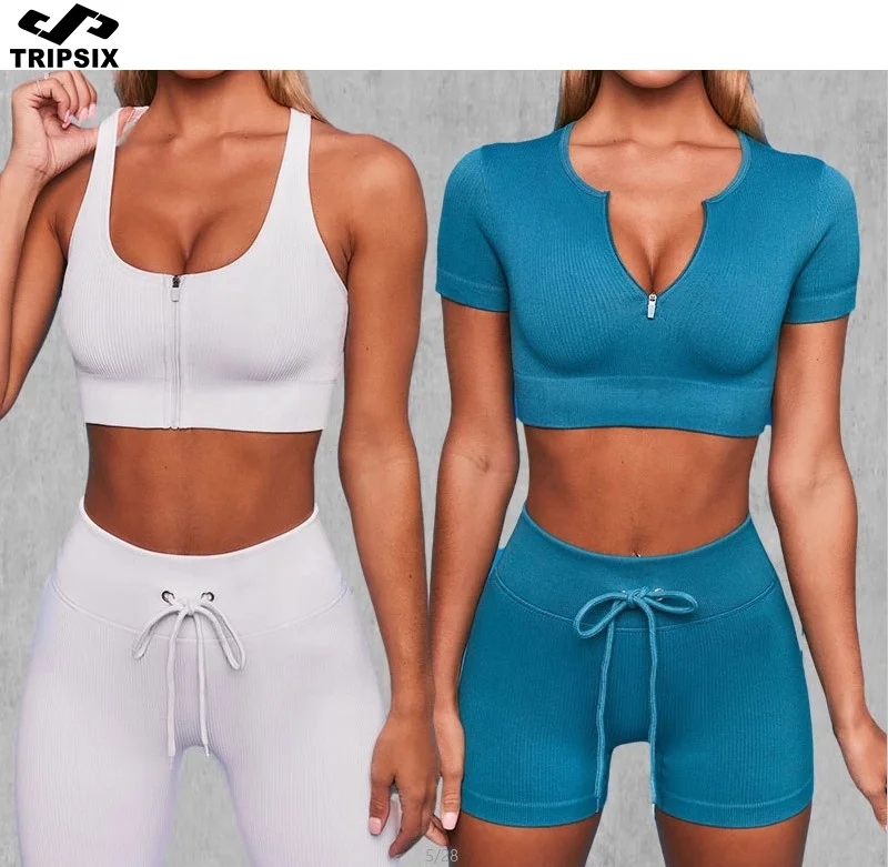 Wholesale Ladies Stretchy Running Training Fitness Womens Gym Leggings High Waist Seamless 4 Piece Zip Yoga Set