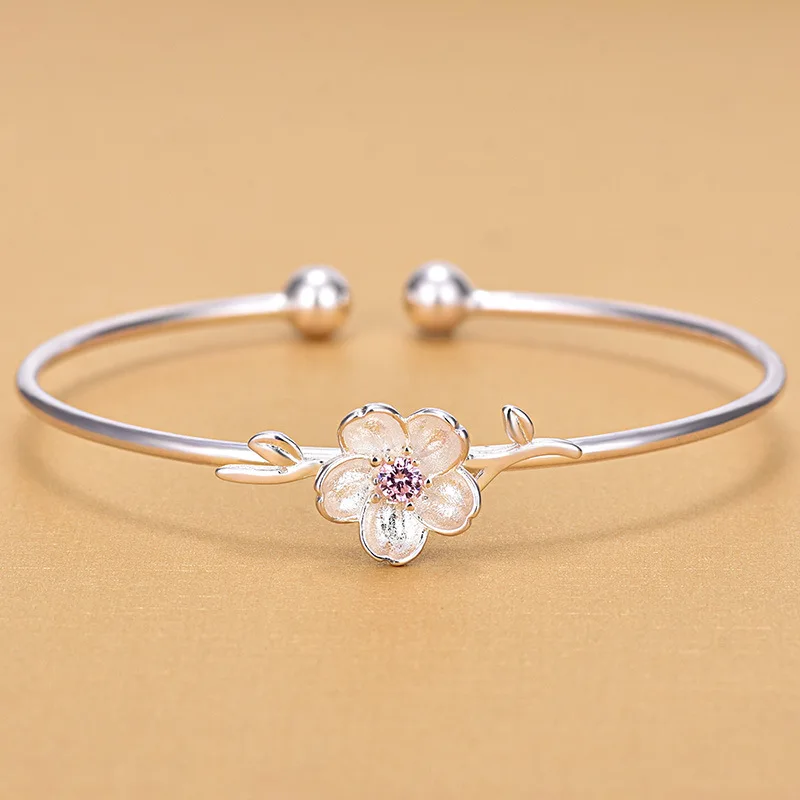 

Solid 925 Sterling Silver Pink Stone Cherry Blossoms Open Adjustable Bangles For Women Gifts Jewelry