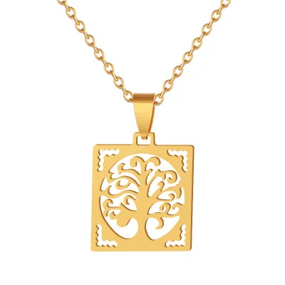 

Creative Titanium Steel Square Lucky Tree Pendant Necklace Hollow Tree of Life Necklace