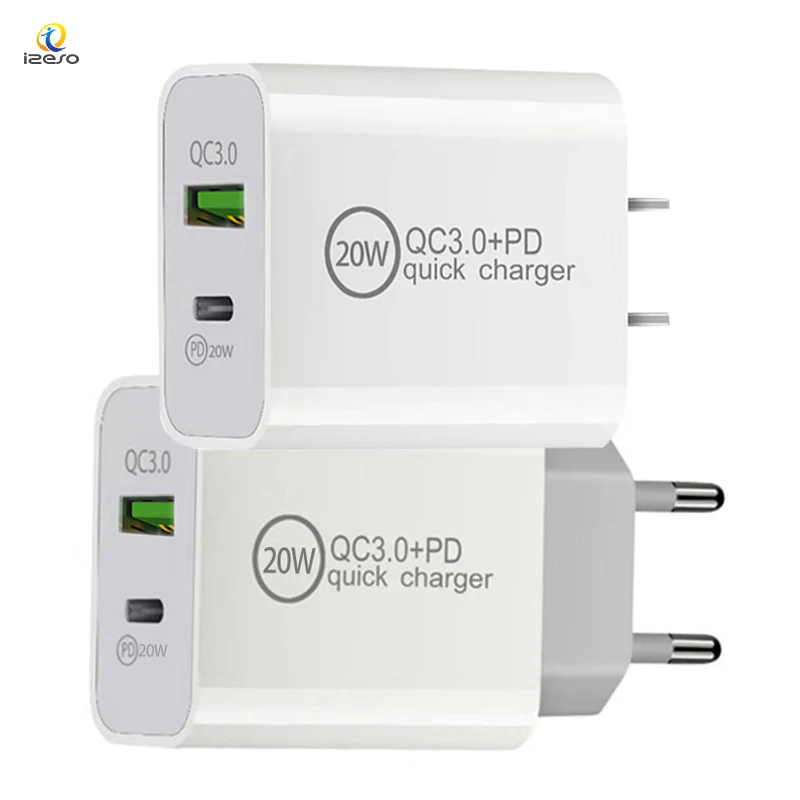 

High Quality QC3.0 PD Charger 20W 18W Fast Wall Dual USB for iPhone Samsung, White