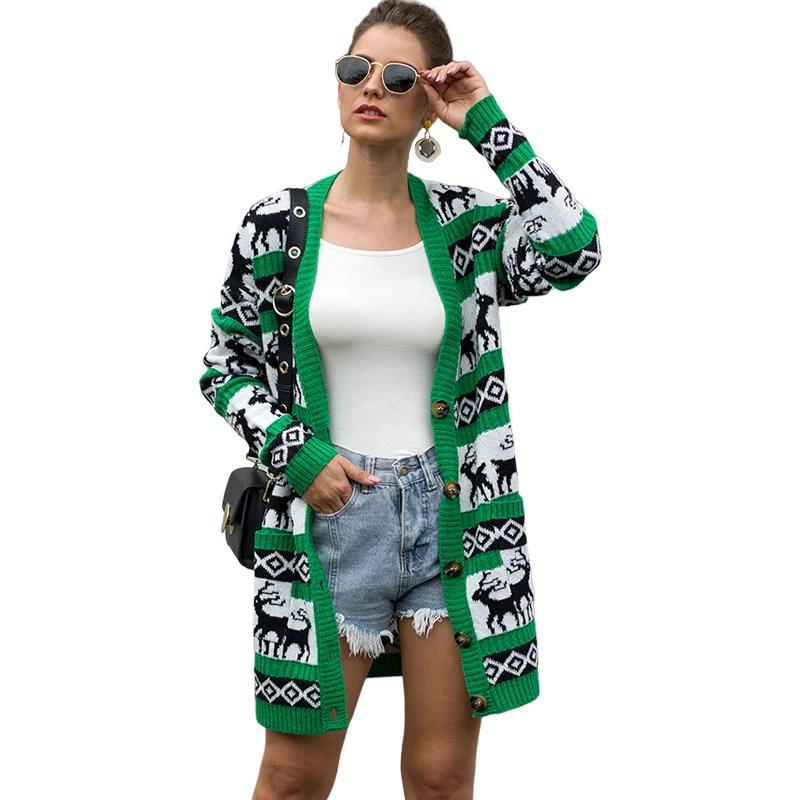 

Unique design hot sale v-neck long coat ugly christmas sweater cardigan sweater women