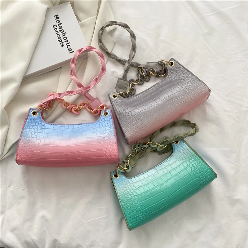 

2021 New gradient Crocodile button chain single shoulder bag girls shopping wallet and phone handbags, 3 colors