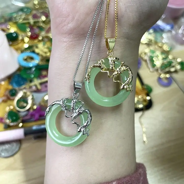 

jialin jewelry Charms Natural emerald gold Jade agate Stone jade round circle Chinese dragon pendant necklace, Picture shows