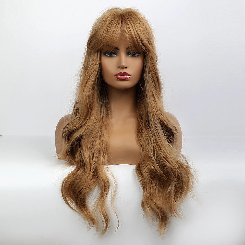 

Bvr Body Wave Synthetic Hair Wigs 32Inches Gradient Brown Hair Wigs With Bang For Women