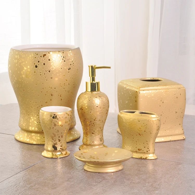 

Bathroom Luxury Accessories Home Tissue Box And Ashbin Electroplate gold bathroom set 6 Pieces
