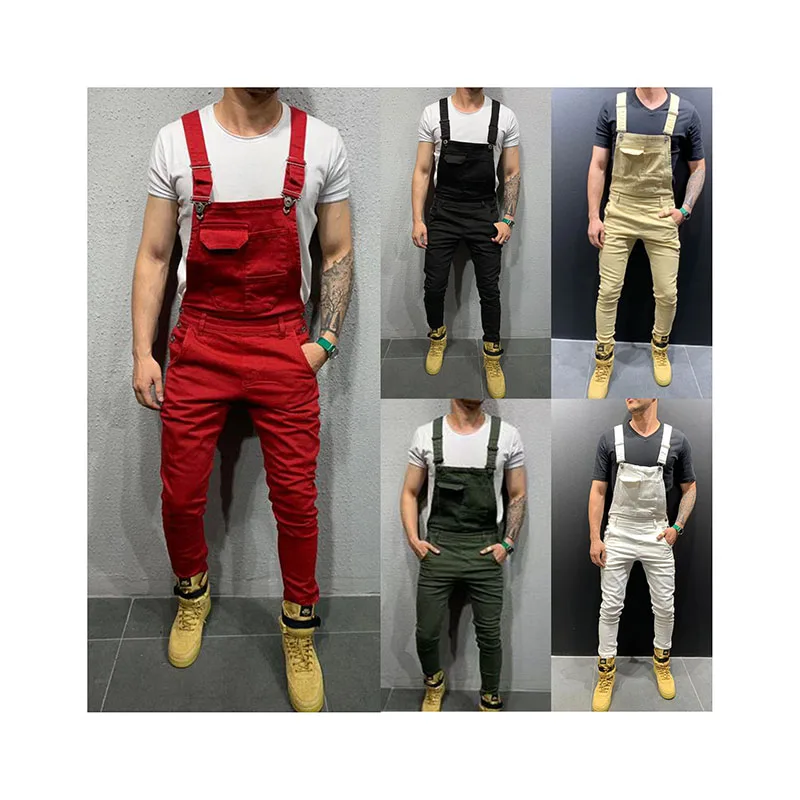 

2021 fashion Men's Solid Color Jeans Jumpsuits Street Distressed Denim Bib Overalls For Man Suspender Pants Size jeans, As picture