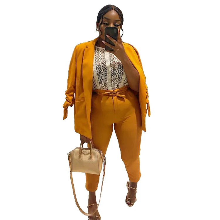 

Bright Yellow Drawstring Sleeves Two Piece Set Blazer Suits Set For Women