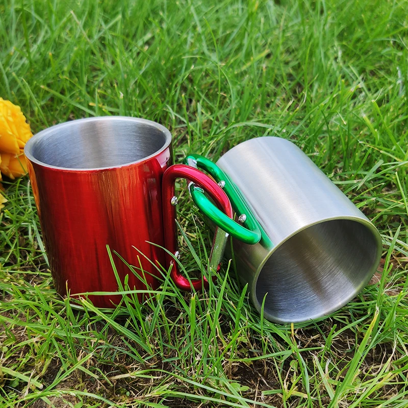 

Mikenda 220ml 300ml outdoor camping travel portable stainless steel coffee cup double walled carabiner mug with handle, Black, white, green and custom color