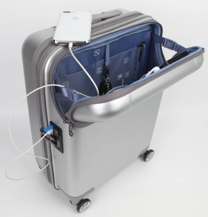

ABS+ PC material hard shell aluminum travelling bags luggage trolley travel suitcase with USB charging port