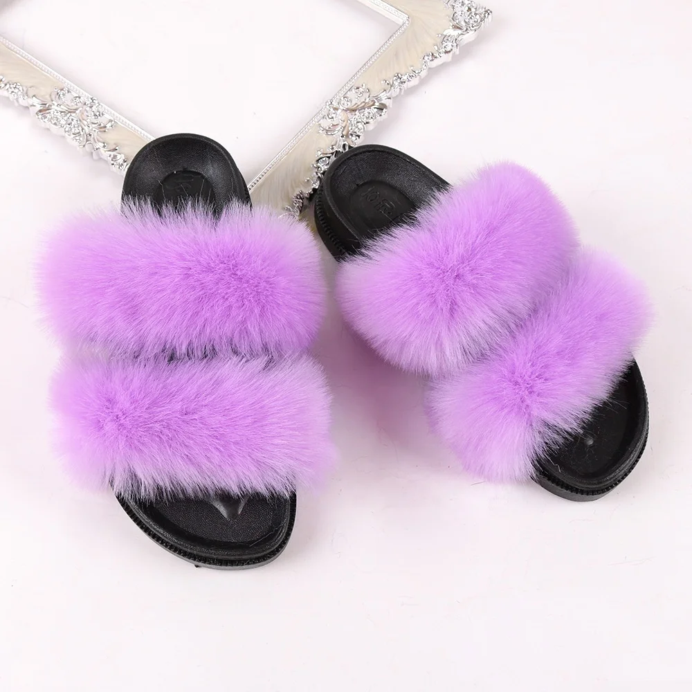 

Hot Fox Fur Slides With Two Faux Fur Slides Two Straps For Women Slippers Sandals Custom Women Fashion 2 Strap Fur Slides, Customized color