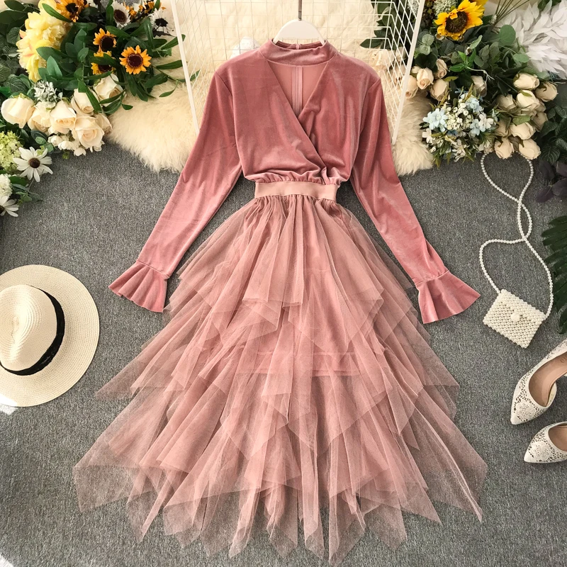 Autumn Fairy France Velvet  Dress Long Sleeves Mesh Layers Patchwork Women Dresses