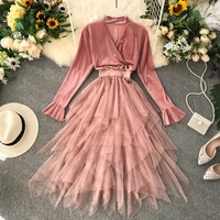 

Autumn Fairy France Velvet Dress Long Sleeves Mesh Layers Patchwork Women Dresses