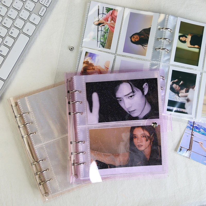 

Hot korea color photos holder pvc transparent stars collect book album 6 rings glitter photos cards binders pvc photo album