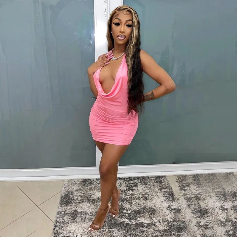 

XLL-In stock off shoulder pink deep V-neck halter backless summer dresses women casual, As picture or customized color