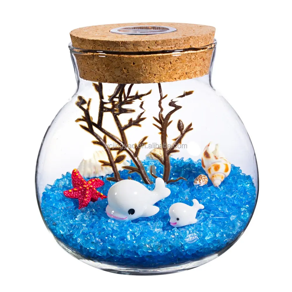 

clear round glass globe jar terrarium with LED light in cork lid