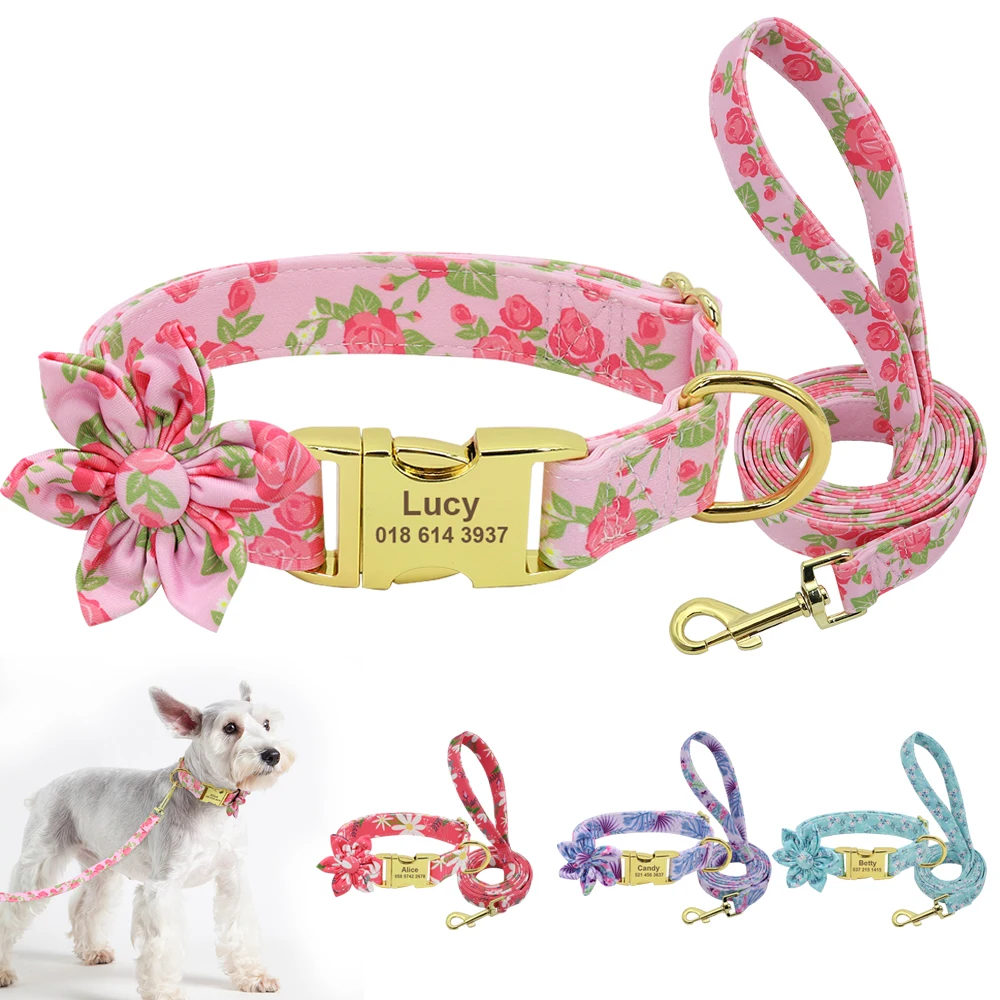 

Flower Custom Dog Collar Leash Floral Printed Nylon Pet Dog Collars Lead Personalized Puppy Collars for Small Medium Large Dog