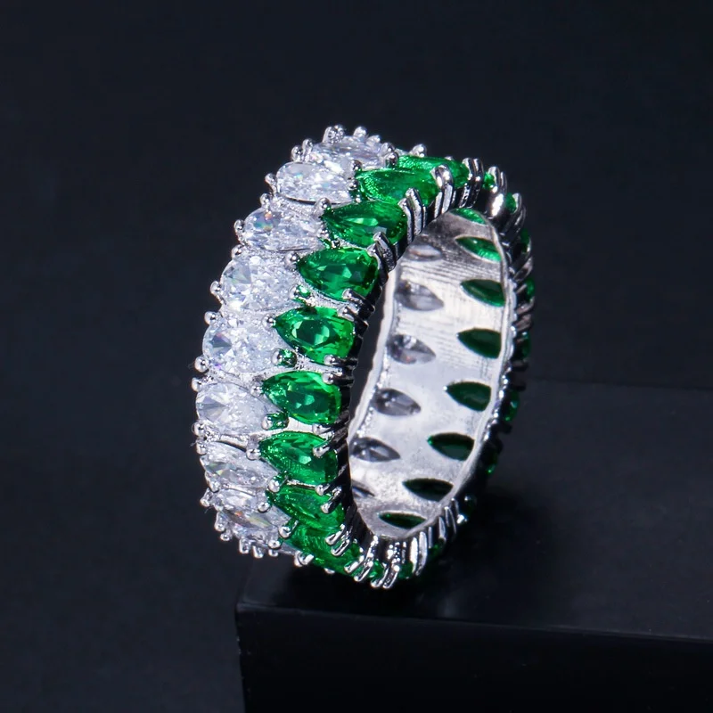 

Luxury Ladies Jewelry White and Green Cubic Zircon Crystal Big Round Engagement Wedding Band Rings for Women, Picture shows