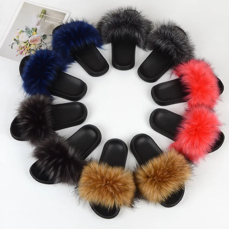 

Custom fur slides for women REAL BIG FURRY slippers flush soft raccoon outdoor slider sandals Afford fox fur slipper for wholesa, Multicolor
