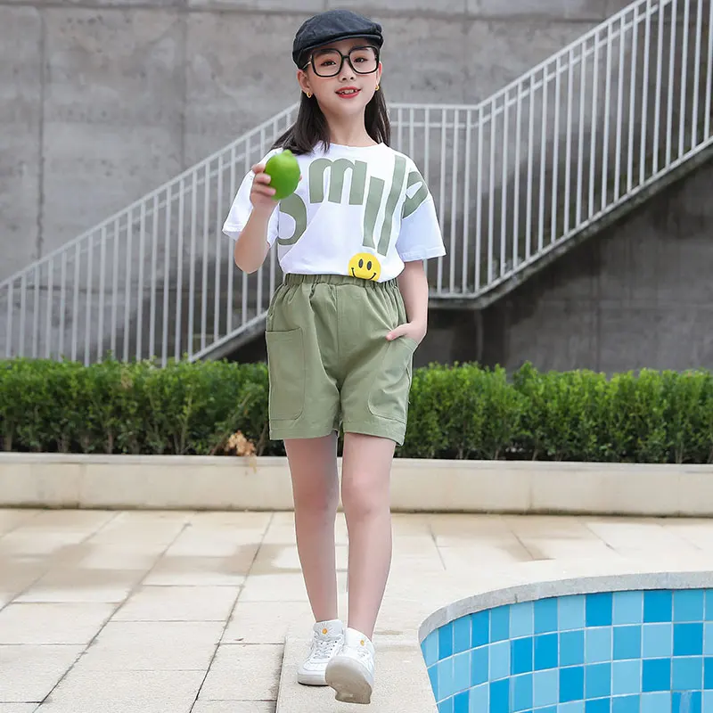 

Girls letter printed top + shorts two-piece suit summer 2021 children's clothing girls casual two-piece suit, White green