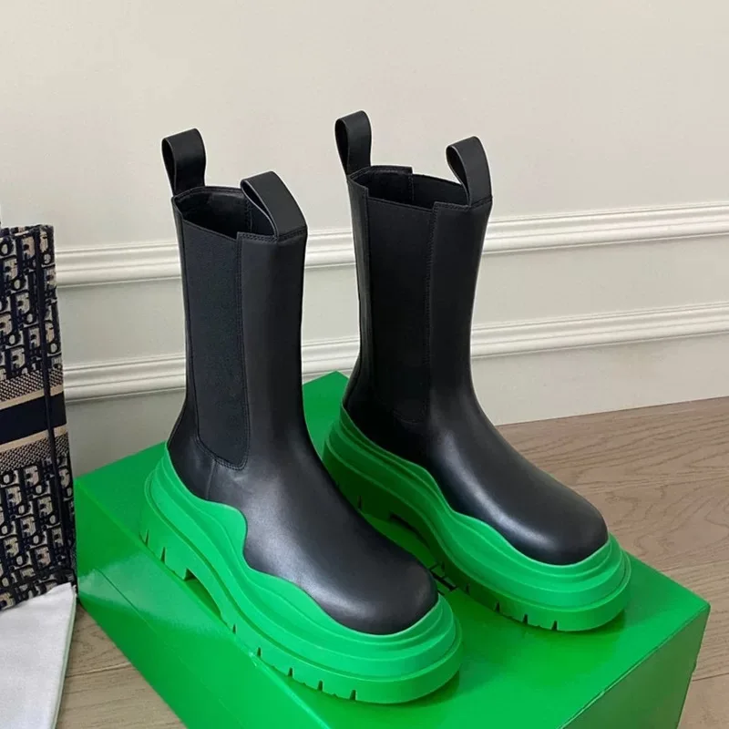 

New Boots couple plus size thick-soled smoke tube boots green bottom tube women boots