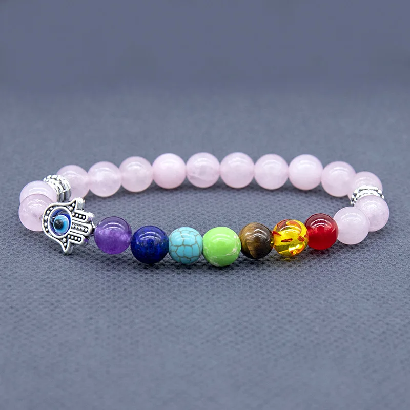 

2022 New Arrival Natural Stone Hand Of Fatima Chakra Bracelet Healing Coloful Lava Crystal Beaded Evil Eye Bracelet