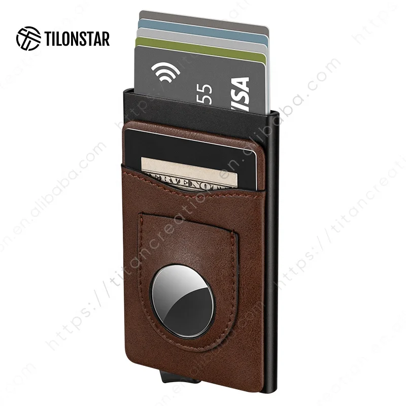 

Amazon Hot Sale Leather Credit Care Holder With AirTag Wallet RFID Card Holders Wallet Aluminum Card Case