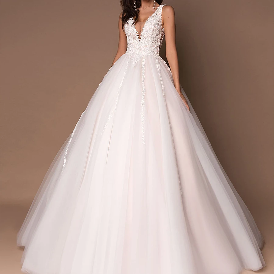 

NE210 Sexy V-neck Sleeveless Wedding Dresses Vestidos De Novia Custom Design Sleeveless Beading Applique Ball Gown Wedding Dress, Default or custom