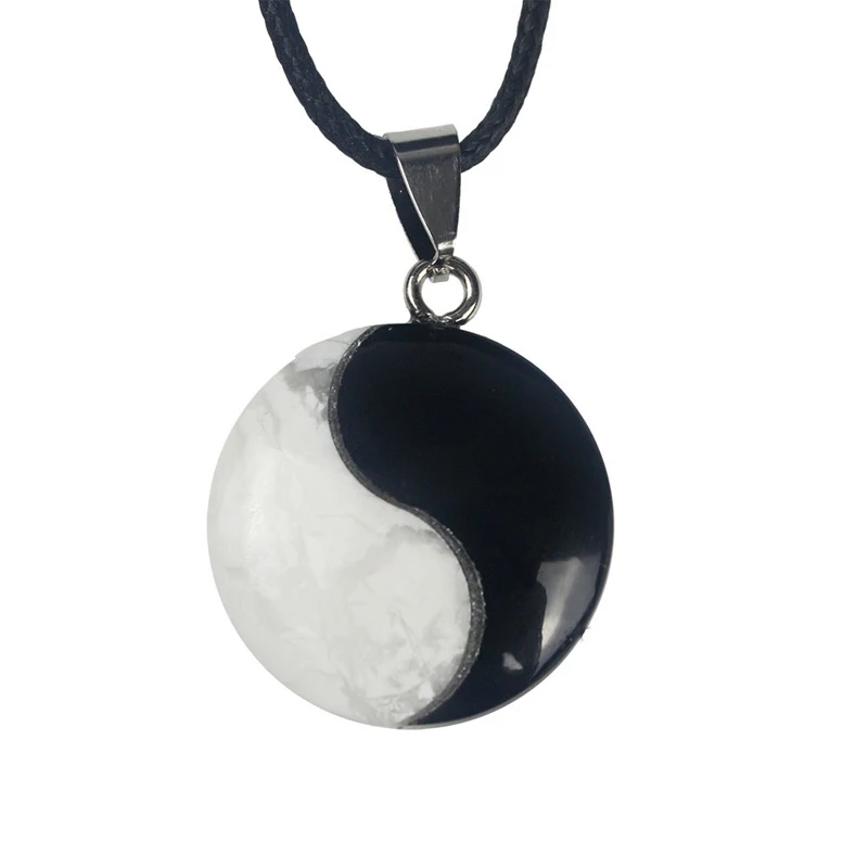 

Wholesale Black Agate Howlite Natural Stone Crystal Carved Yin Yang Tai Ji Pendulum Necklace
