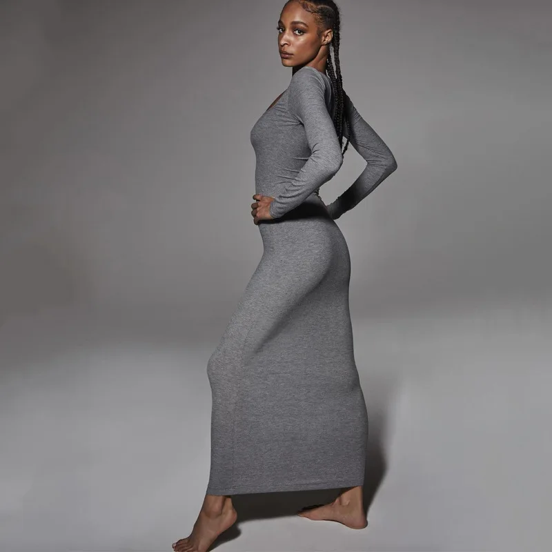 

Solid Ribbed Women Long Sleeve O Neck Midi Dress Bodycon Sexy Streetwear Casual Festival Clothes 2021 Autumn Winter