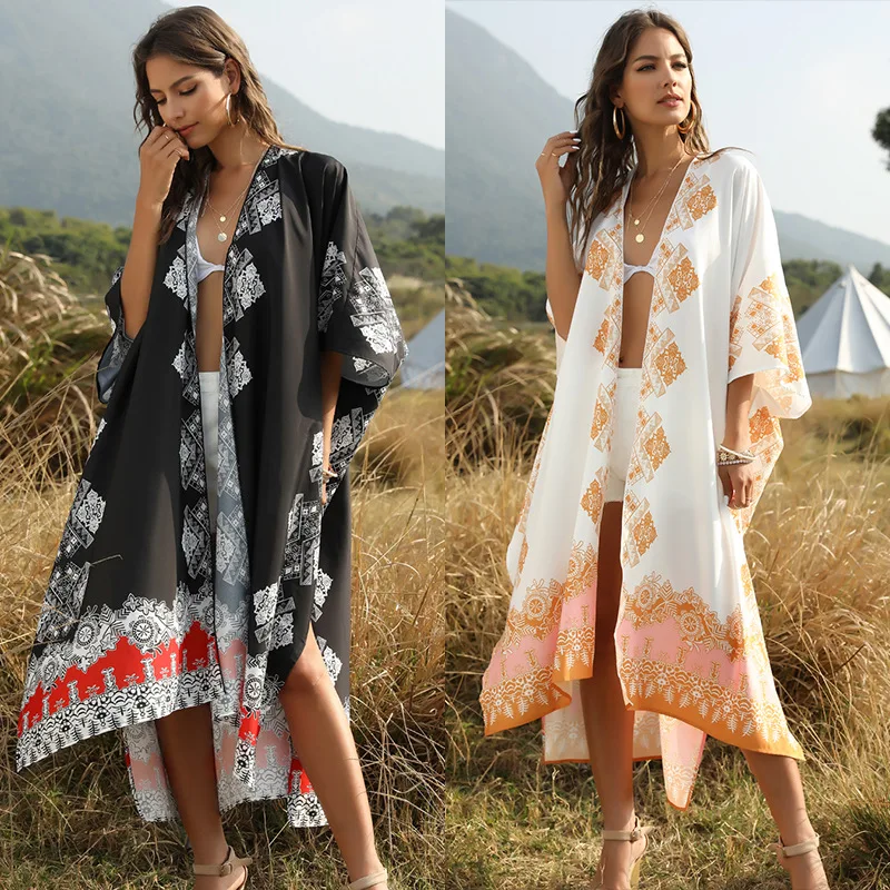 

2022 Summer Vintage Kimono Long Cardigan Oversize Beach Cover up Print Women Adults Support Spandex / Polyester In-stock Items