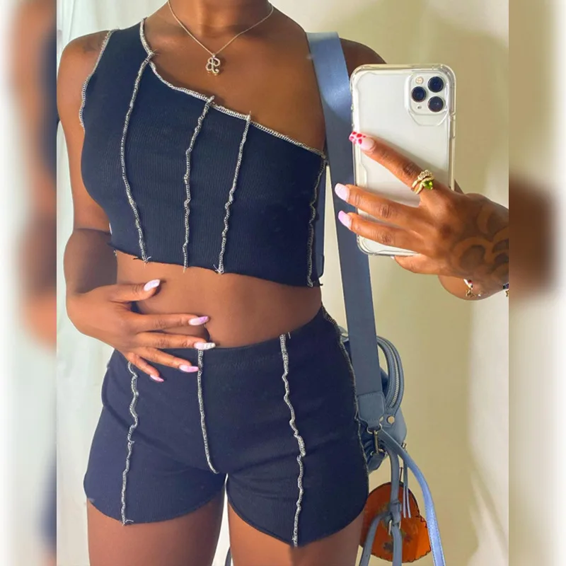 

Summer Two Piece Sets Women Tracksuit One Shoulder Crop Tops Biker Shorts Set Sports Wear Matching Suits Casual Outfits C13784