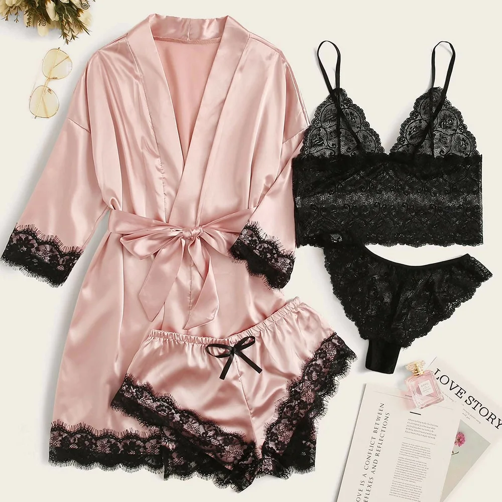 

Women Quality 4 piece satin robe sleepwear pajama set