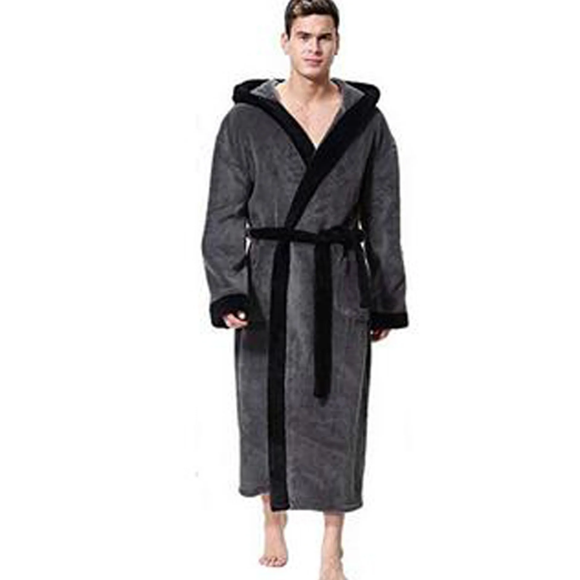 

Y&Q SUPER DISCOUNT Cotton Color Contrast Hooded Patch Pocket Mens Robe Fleece Sleepwear, Grey, black, blue