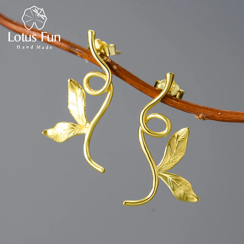 

Lotus Fun 18K Gold Plated Handmade Curved Branches and Leaves Asymmetric Earrings Pure 925 Sterling Silver Jewelry Trend