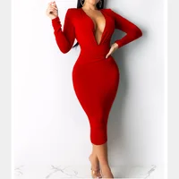 

Solid Deep V Neck Long Sleeve Bodycon Dress Women Slim Autumn Winter Sexy Dress Elegant Party Office Lady White Dress