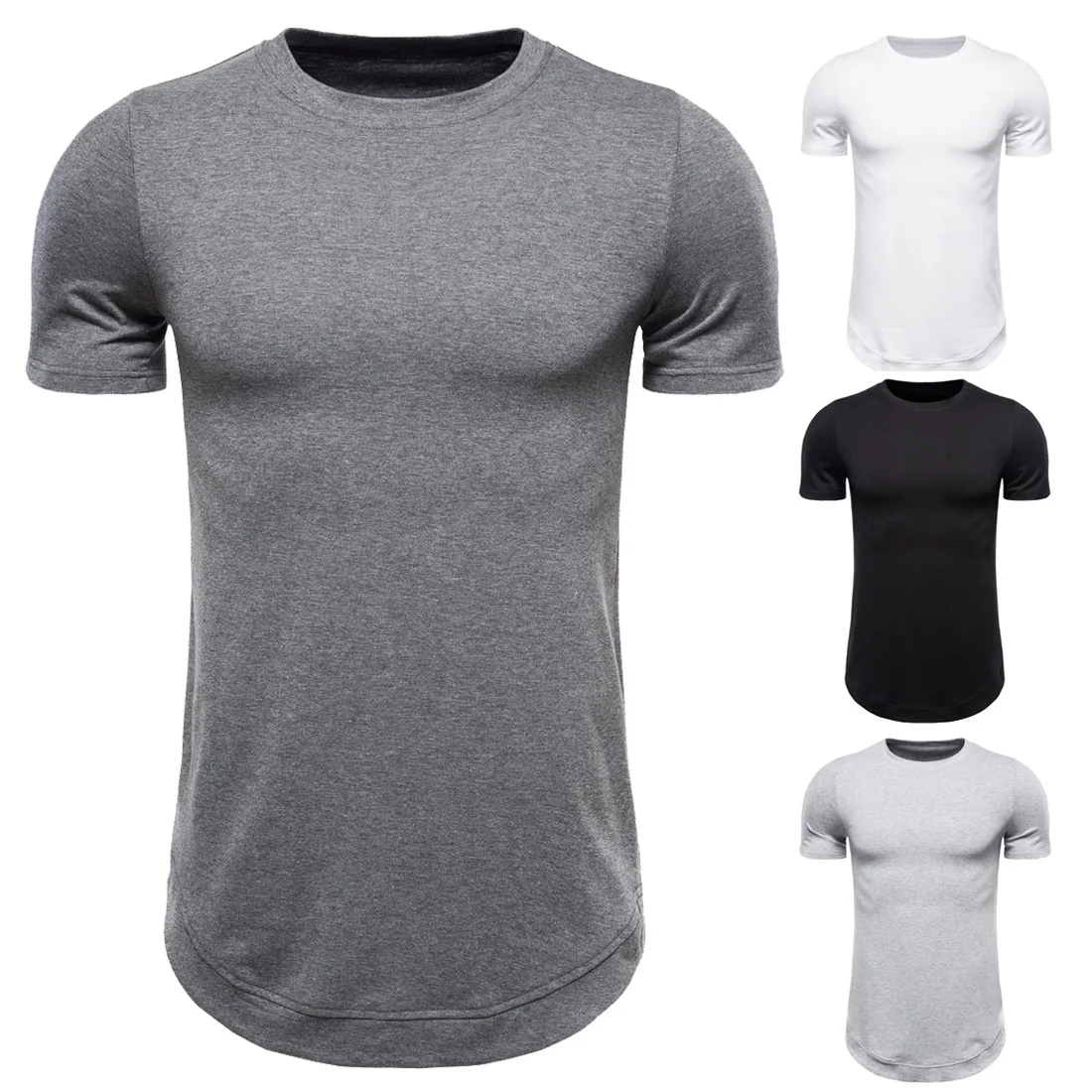 

New summer men's medium - long solid color round neck short sleeve T - shirt slim body half sleeve, Picture