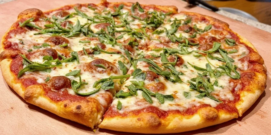Close-up of fresh oregano sprinkled over a slice of Margherita pizza