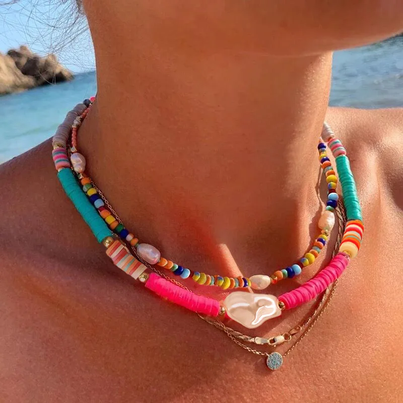 

2021 summer new fashion custom women boho jewelry colorful rice bead bohemian baroque imitation pearl choker necklace set