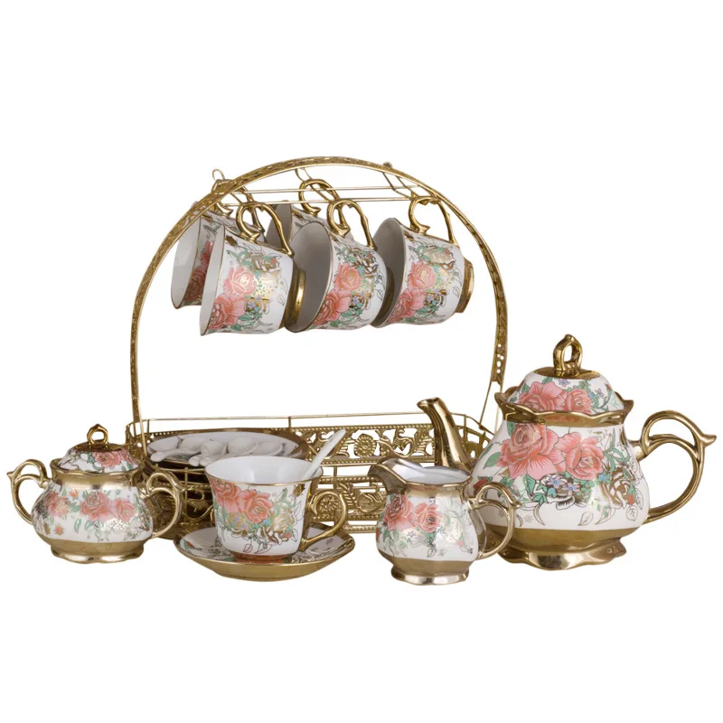 

15pcs Set Delicate Bone China Coffee Cup Set European Vintage Tea Cup Tea Kettle Saucer Set, 3 color
