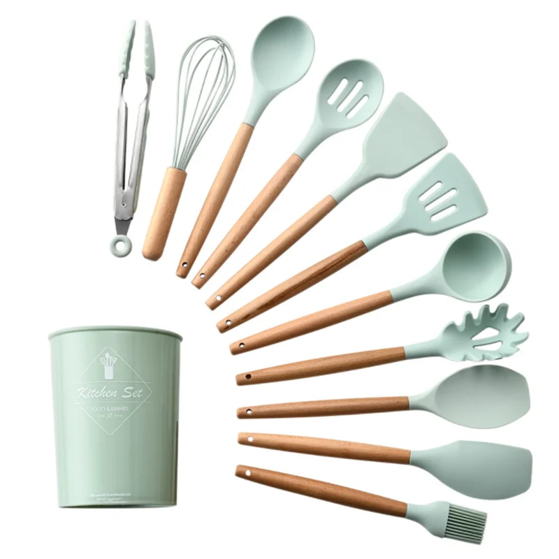 

wood Handle Silicone Cookware 12 Piece Set Non Stick Kitchen Utensils Shovel Spoon Set Private Label Acceptable, Customized