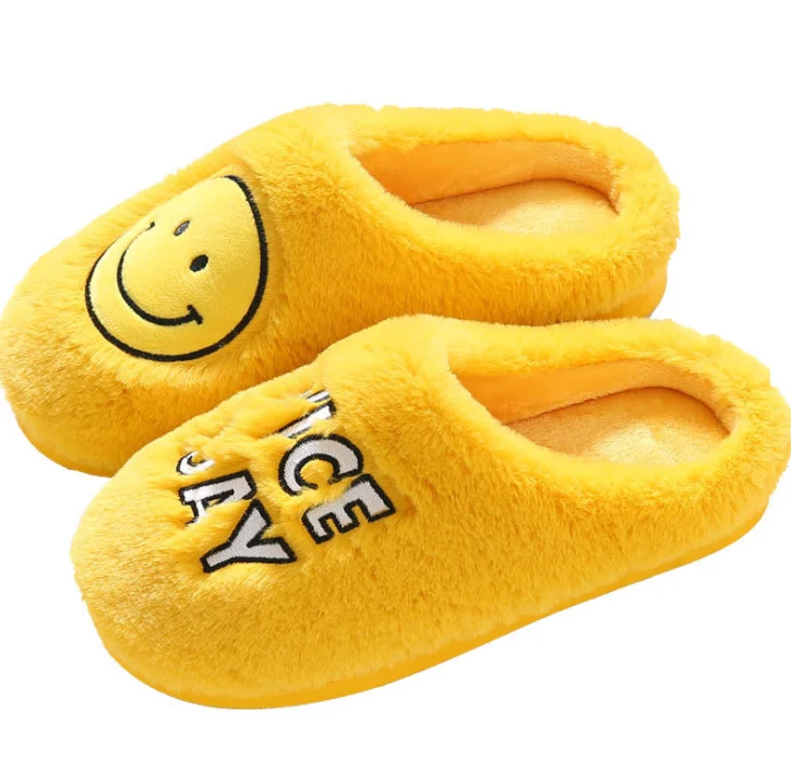 

Winter home lovely cartoon smiling face cotton slippers women indoor warm anti-skid plush cotton slippers men, As picture