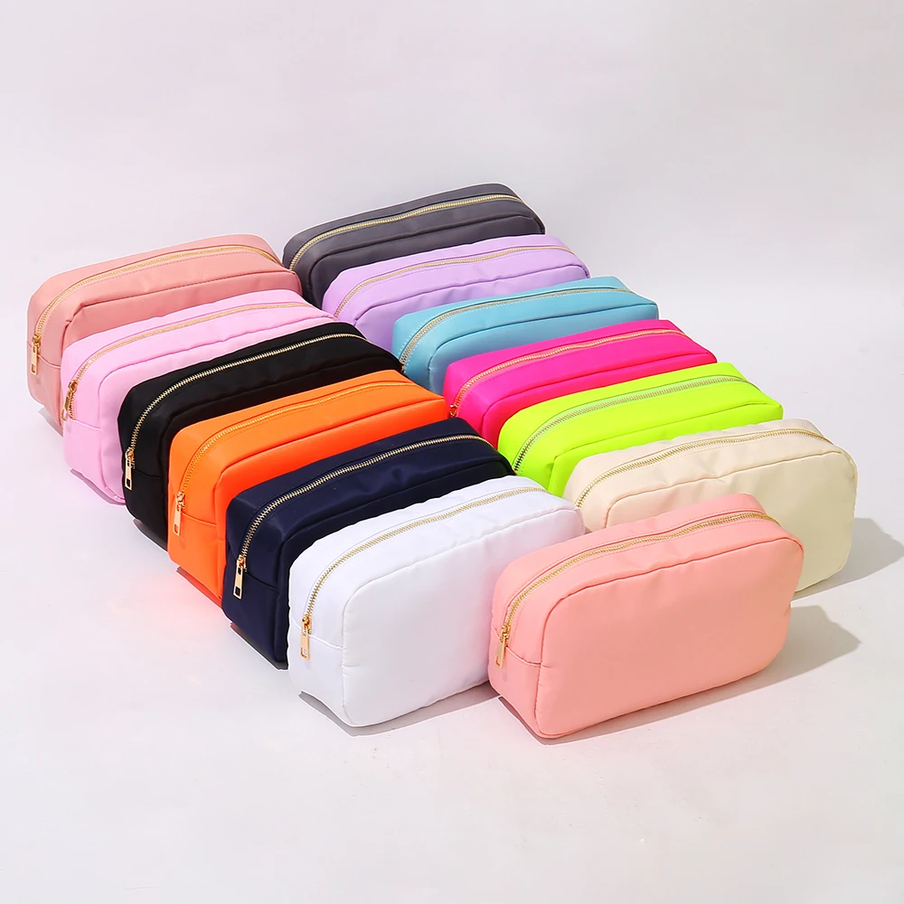 

Many stock New candy color nylon cosmetic bag can be customized Neon make up bag with Chenille letter patches