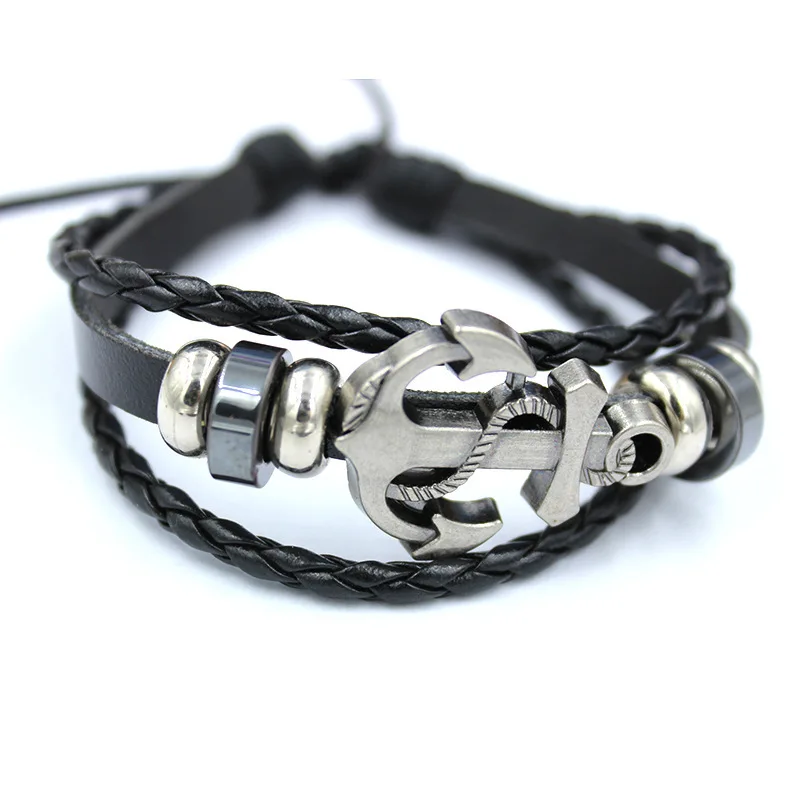 

2021 woven pu leather vintage bracelet anchor , wholesale twine leather anchor bracelets, Zinc alloy black, brown