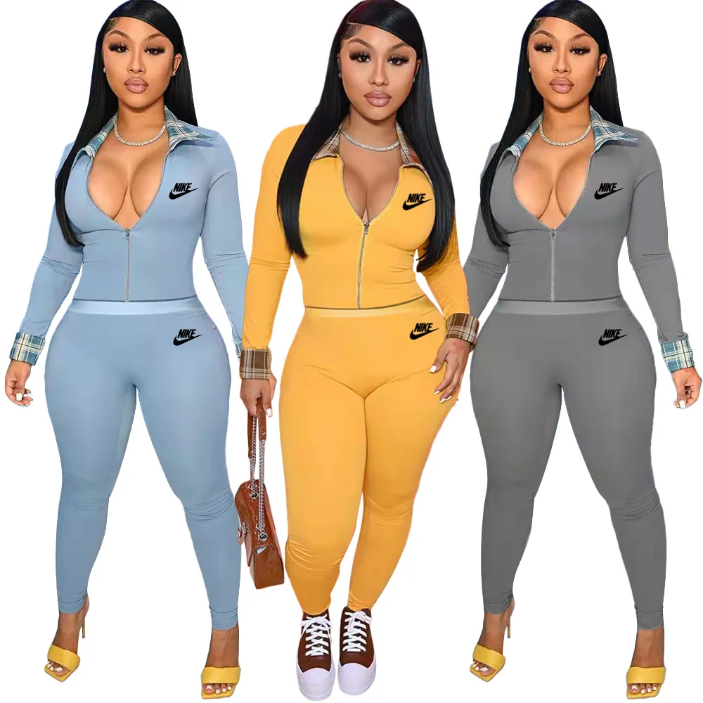 

Fall Casual 2021 Women Clothes Nike Solid Color Long Sleeve Sweatshirt Long Pencil Pants 2 Piece Set For Women Fitness Tracksuit