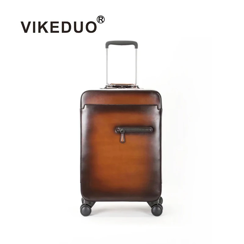 

Vikeduo Hand Made Calf Leather Brown Wheels Trolley Vintage Suitcase Luggage Travel Suitcases For Men Travelling, All colors are available